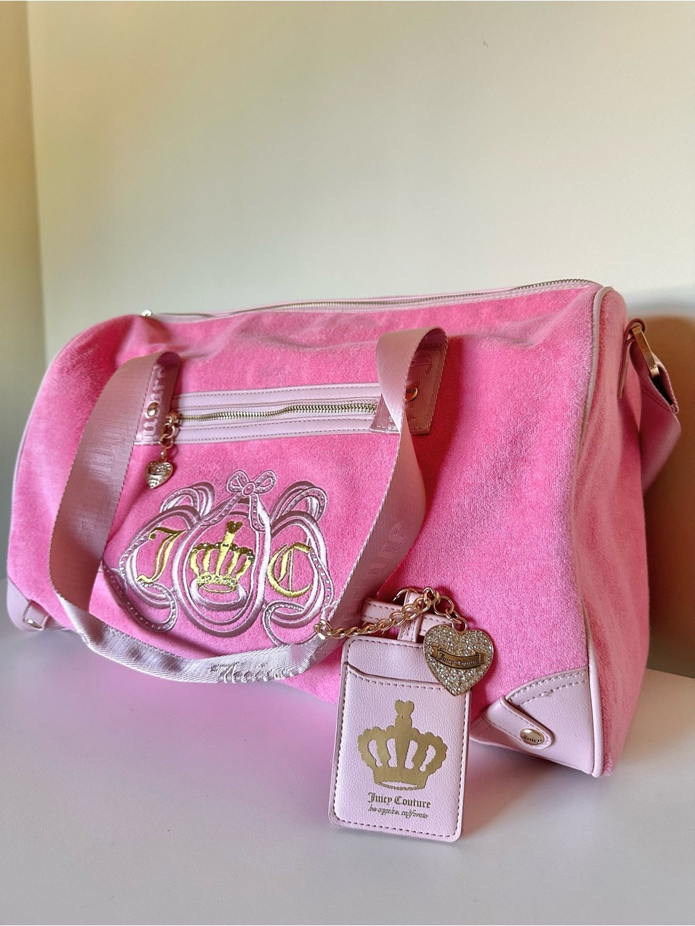 Juicy Couture Pink Duffle Terry Bag Crown Logo Charm Zip Lined Inner Pockets